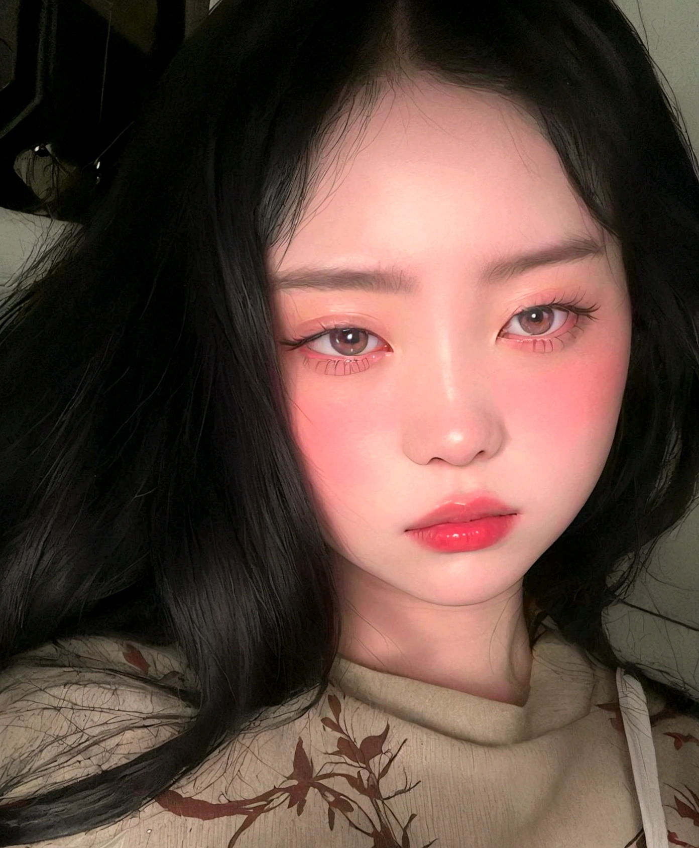 There is a woman with long black hair and red lipstick, jennie pink black, ulzzang, pale round face, jaeyeon nam, asian face, young cute wan asian face, korean girl, heonhwa choe, with round face, profile headshot, 8k selfie photography, faint red lips, south east asian with round face, shikami