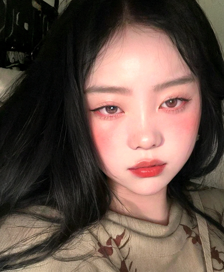 There is a woman with long black hair and red lipstick, jennie pink black, ulzzang, pale round face, jaeyeon nam, asian face, young cute wan asian face, korean girl, heonhwa choe, with round face, profile headshot, 8k selfie photography, faint red lips, south east asian with round face, shikami