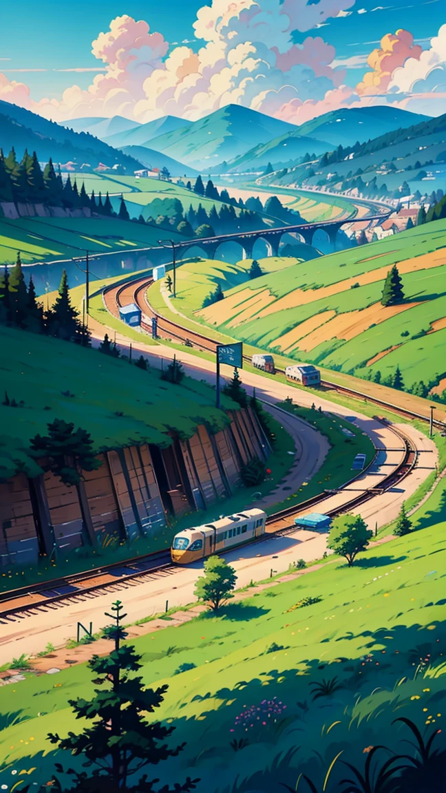 There is a train running on the tracks in the fields, anime countryside ...