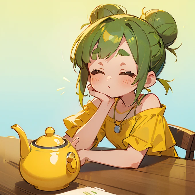 (masterpiece, Highest quality:1.2), (2 head body chibi character:1.1), Yellow-green hair, Hair Bun, Top of the head, Closed eyes, Yellow off-shoulder blouse, Denim shorts, Short bangs, Thick eyebrows, Round necklace, A gentle atmosphere, Drinking tea, (Photo studio with blue background:1.0)