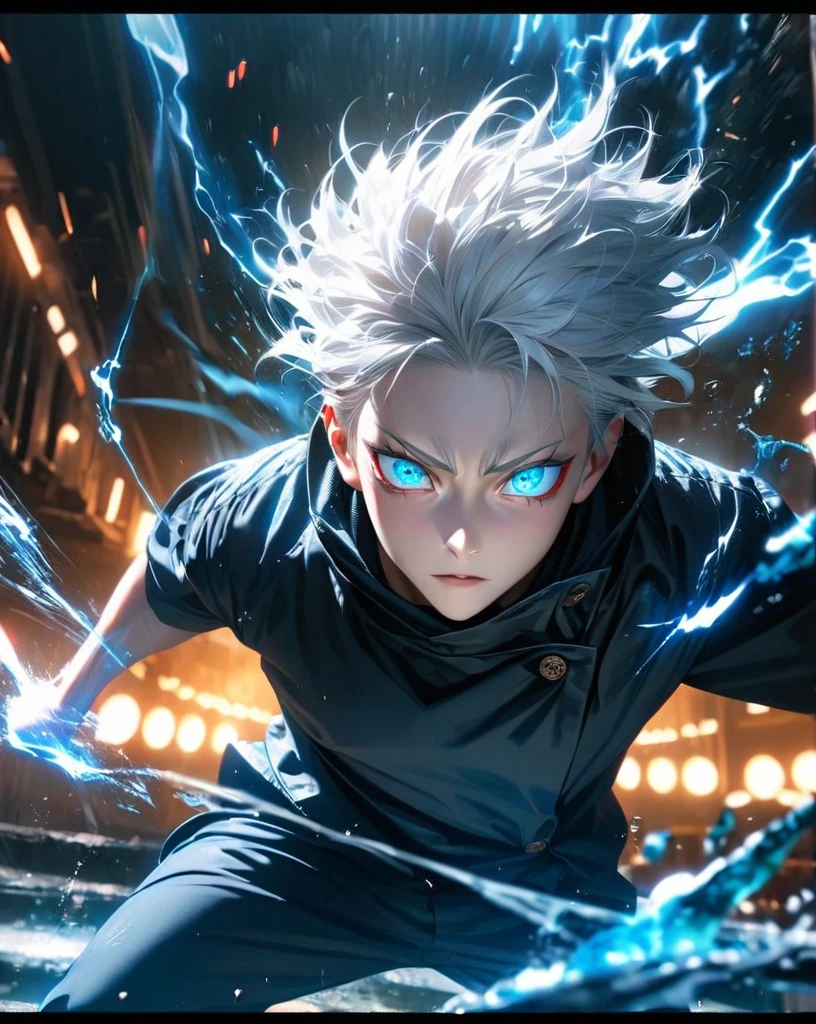 High quality, ultra realistic,absurdres, highres, ultra detailed, HDR, masterpiece, extremely detailed face and eyes, Gojo satoru , jujutsu kaisen,, white hair ,black shirt , solo, ,man, handsome, ,white eyeleshes, blue eyes , Epic fight scene, blue splashing effect,blue lightning effect,glowing glitters , close up,cool eyes, symetrical