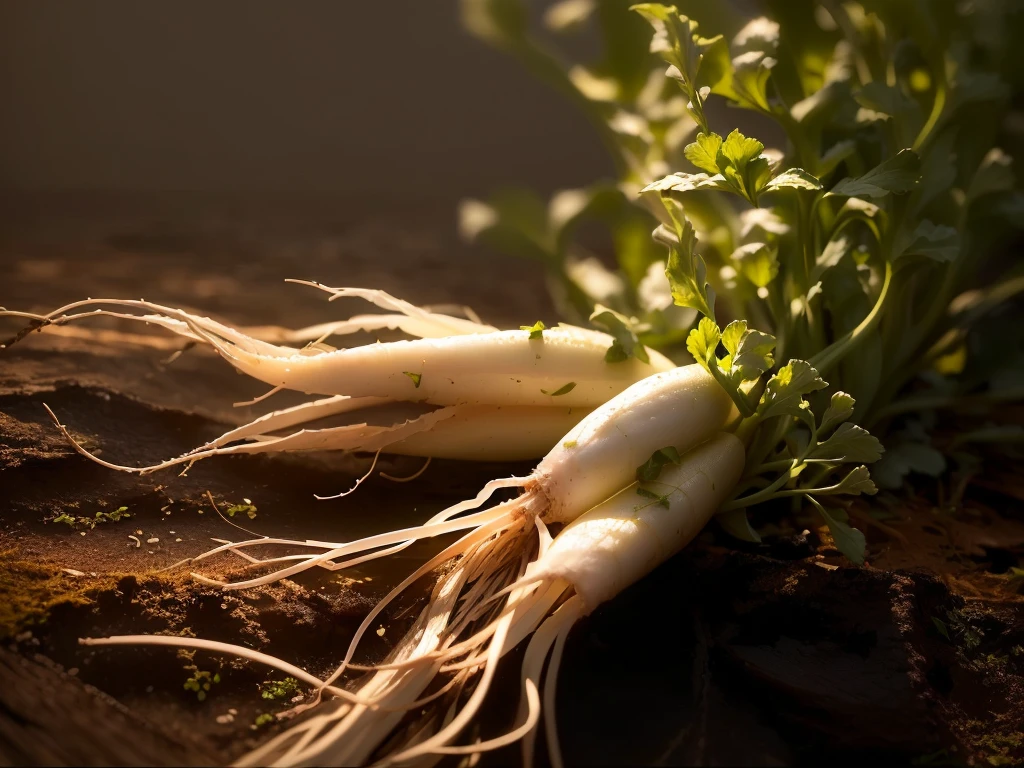 There are two white radishes，There are green leaves on it, Crisp and sharp, Crisp details, herb, esthetic photo, High-quality photos, Plant roots, high-definition, herbs, highly Rendering, Rendering, Close-up portrait, Dark background, No cropping, you won't believe it, Perfect refreshing sunshine, beautifully Rendering, Close-up photos, 在Dark background上