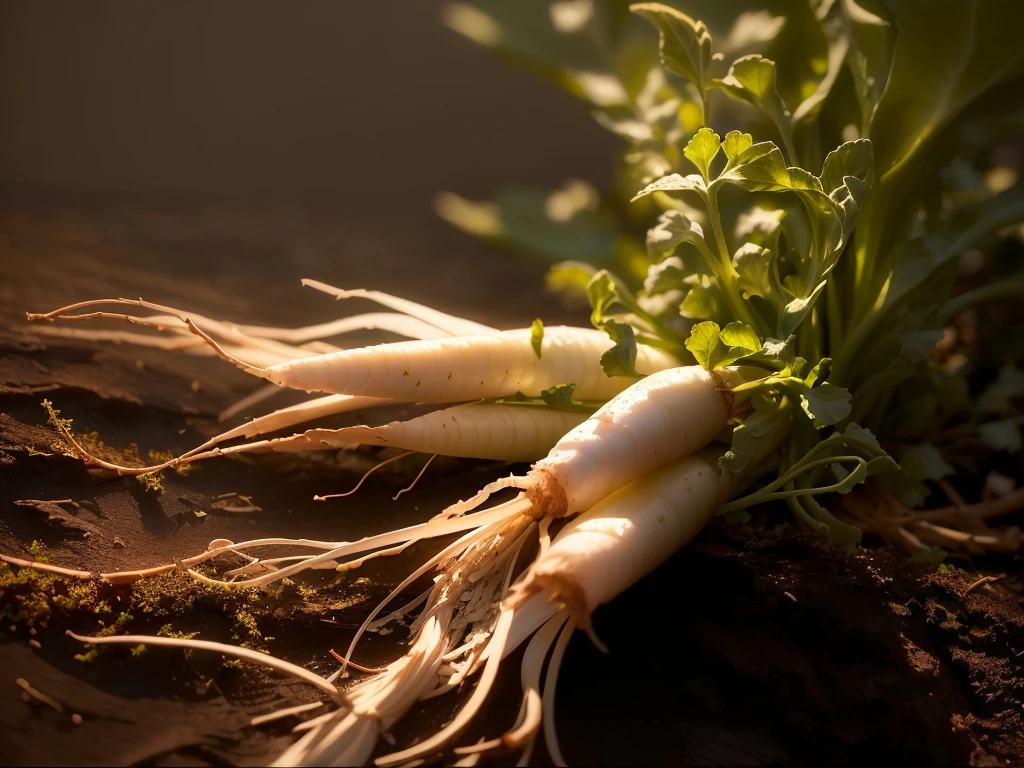 There are two white radishes,There are green leaves on it, Crisp and sharp, Crisp details, herb, esthetic photo, High-quality photos, Plant roots, high-definition, herbs, highly Rendering, Rendering, Close-up portrait, Dark background, No cropping, you won't believe it, Perfect refreshing sunshine, beautifully Rendering, Close-up photos, 在Dark background上