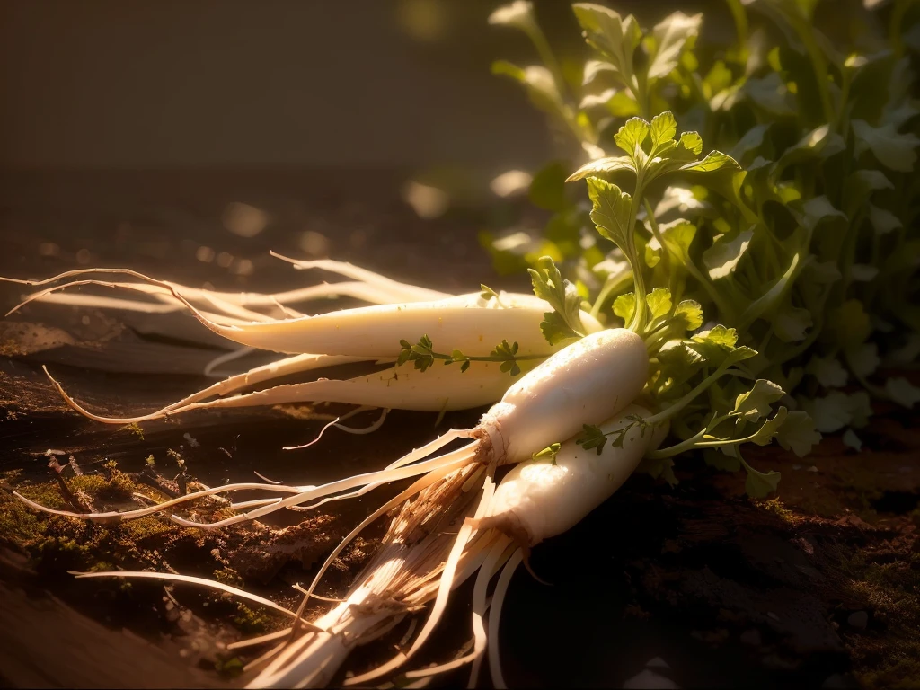 There are two white radishes,There are green leaves on it, Crisp and sharp, Crisp details, herb, esthetic photo, High-quality photos, Plant roots, high-definition, herbs, highly Rendering, Rendering, Close-up portrait, Dark background, No cropping, you won't believe it, Perfect refreshing sunshine, beautifully Rendering, Close-up photos, 在Dark background上