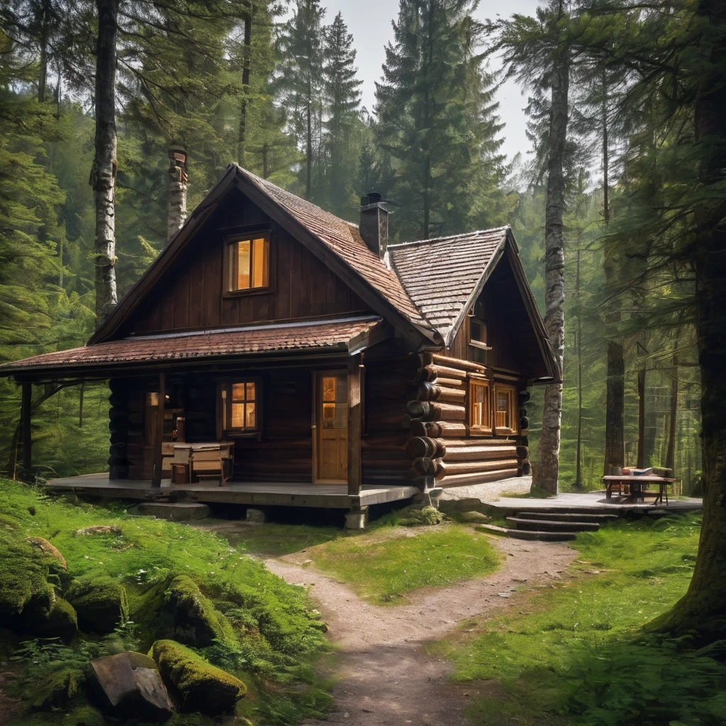 arafed cabin with a porch and a covered porch in the woods, wood cabin in distance, log cabin, cabin in the woods, solitary cottage in the woods, cottage in the forest, wooden cottage, cabin, old cabin, log cabin beneath the alps, cottage in the woods, a brick cabin in the woods, inside of a cabin, house in forest