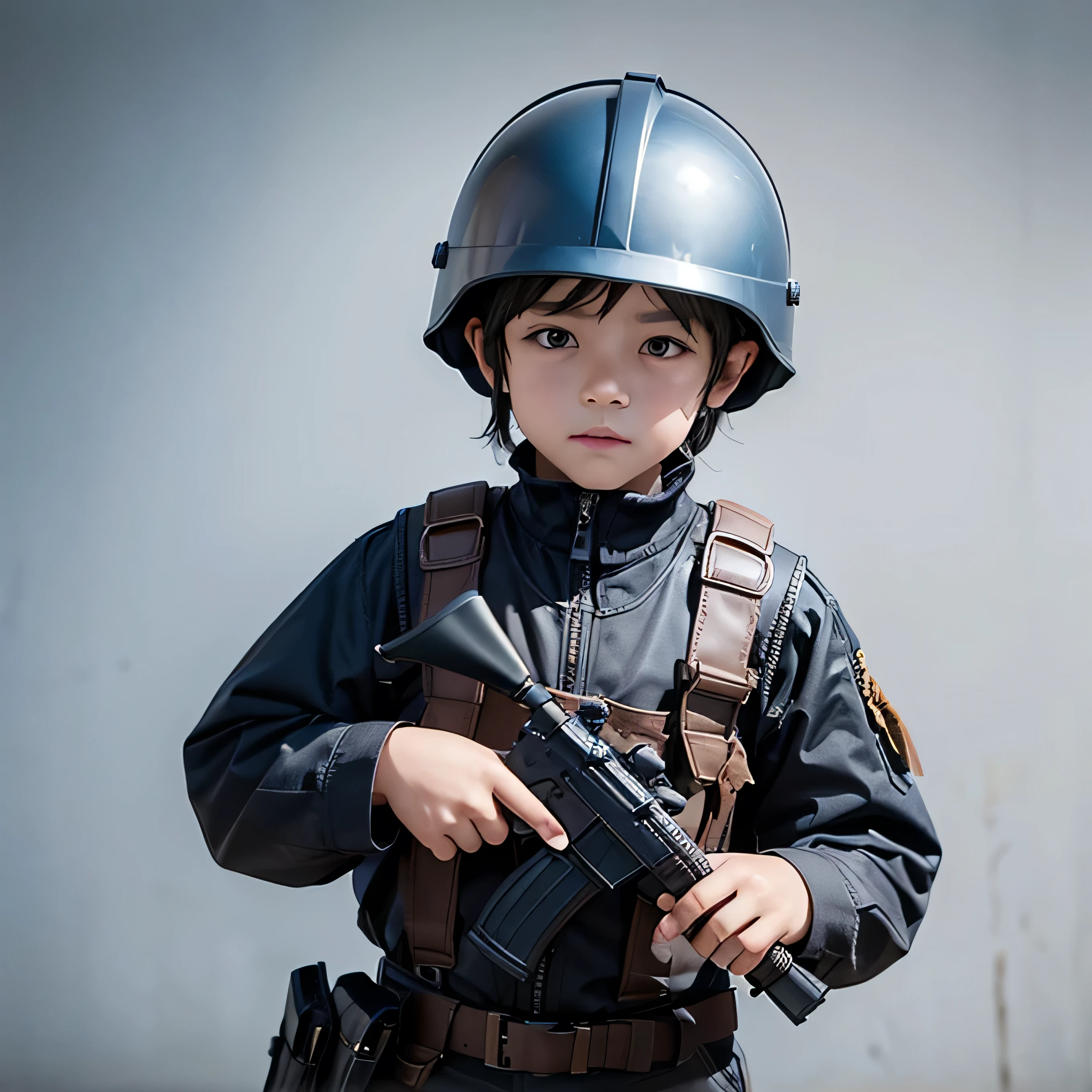 draw me a picture of a 7 year old boy wearing a war helmet and holding a firearm