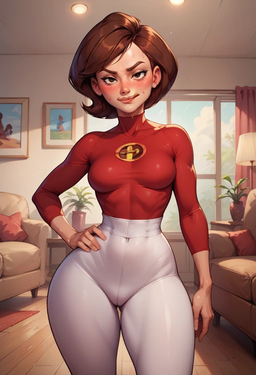 in a living room, one hand on hip, seductive smirk, medium breasts, wide hips, big ass, Helen parr,standing, blushing,sweating, elastigirl outfit, licking lips