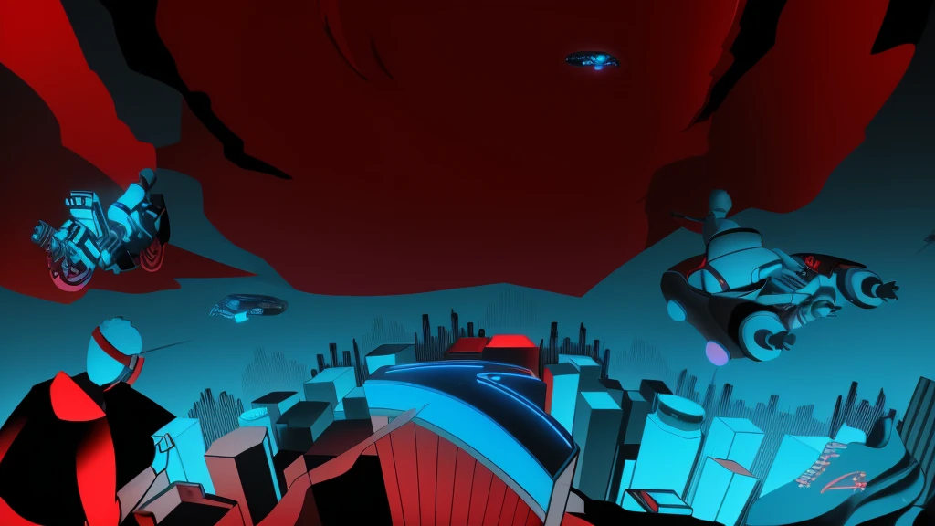 Cyberpunk,science and technology,City,detail,Red, blue and black color scheme