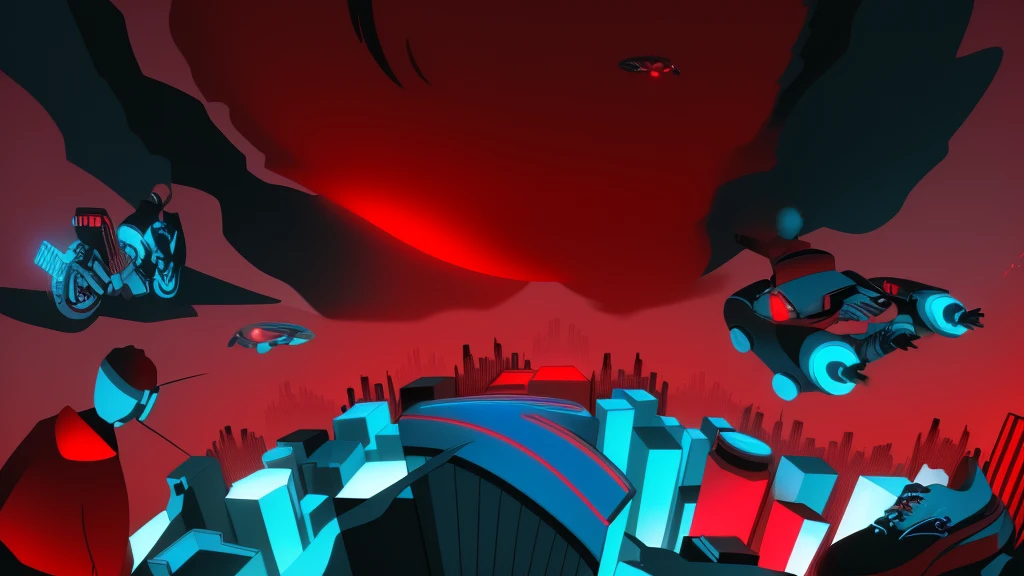 Cyberpunk,science and technology,City,detail,Red, blue and black color scheme
