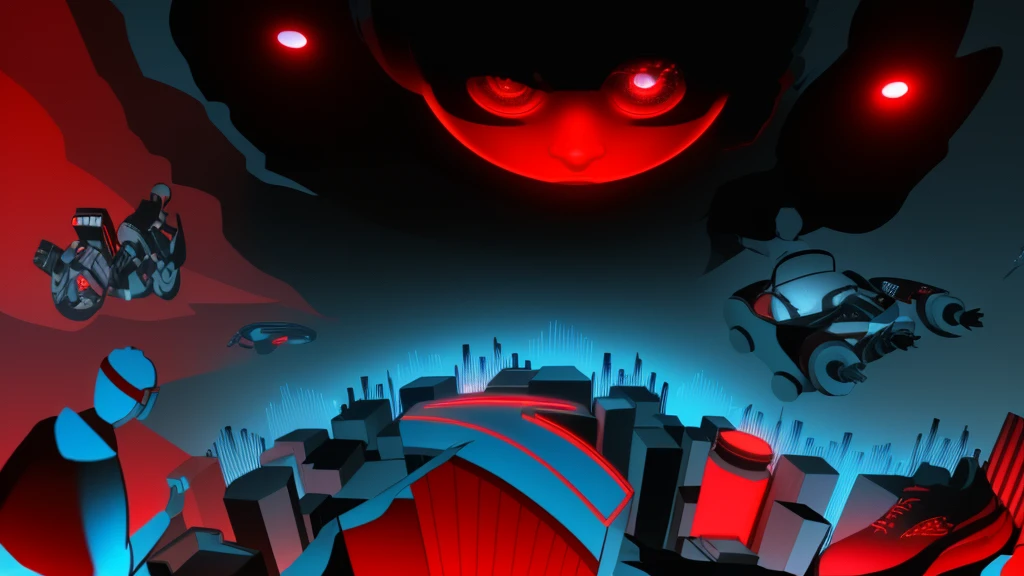 Cyberpunk,science and technology,City,detail,Red, blue and black color scheme