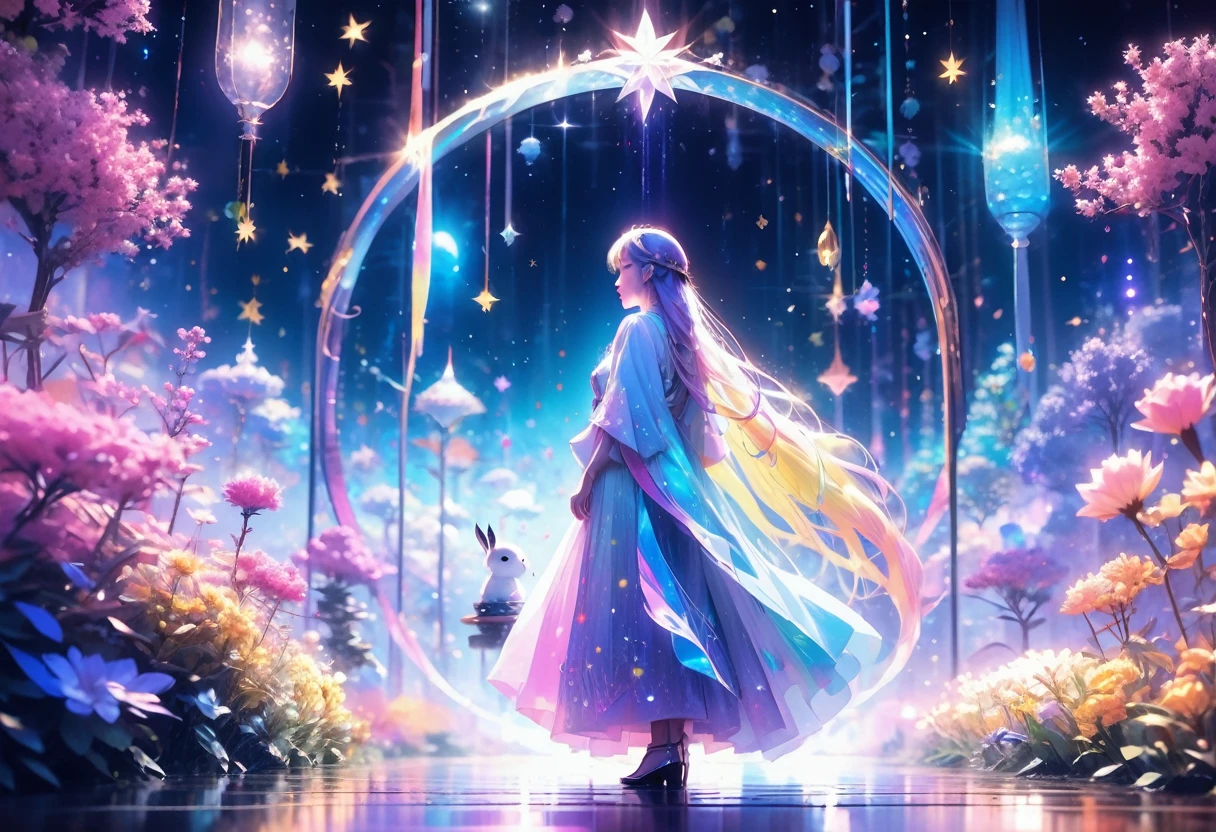 (((zoom out))),8K,((Highest quality)),((high-res)),((shot from behind)),night,She stands front of an magical world,((dreaming)),pastel ,soft focus,thank you!