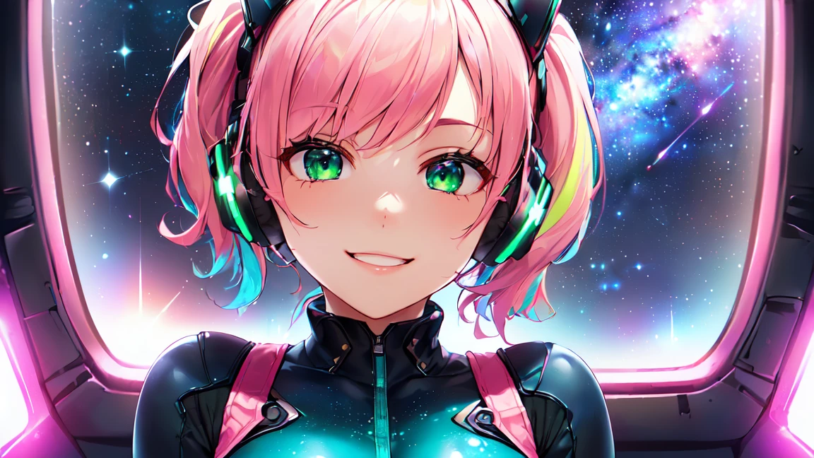 HD masterpiece, 1 girl, Ecchi Girls ((20 age old, dressed in a futuristic, engen Bodysuit, boots, medium breasts:1.2, multicolored pink hair, Twin ponytails, perfect model body:1.4, detailed green eyes:1.7, to flirt, Happy, big smile, Wear headphones, inspired by Yuumei, Viewers look at, portrait:1.2, extreme close-up:1.3, standing in a spaceship hangar:1.2, extreme close-up:1.3, Window with a galaxy in the background:1.3, fun and exciting atmosphere:1.2)) ((alone:1.8)) ((galaxy and stars)) ((Close-up with focus on face))