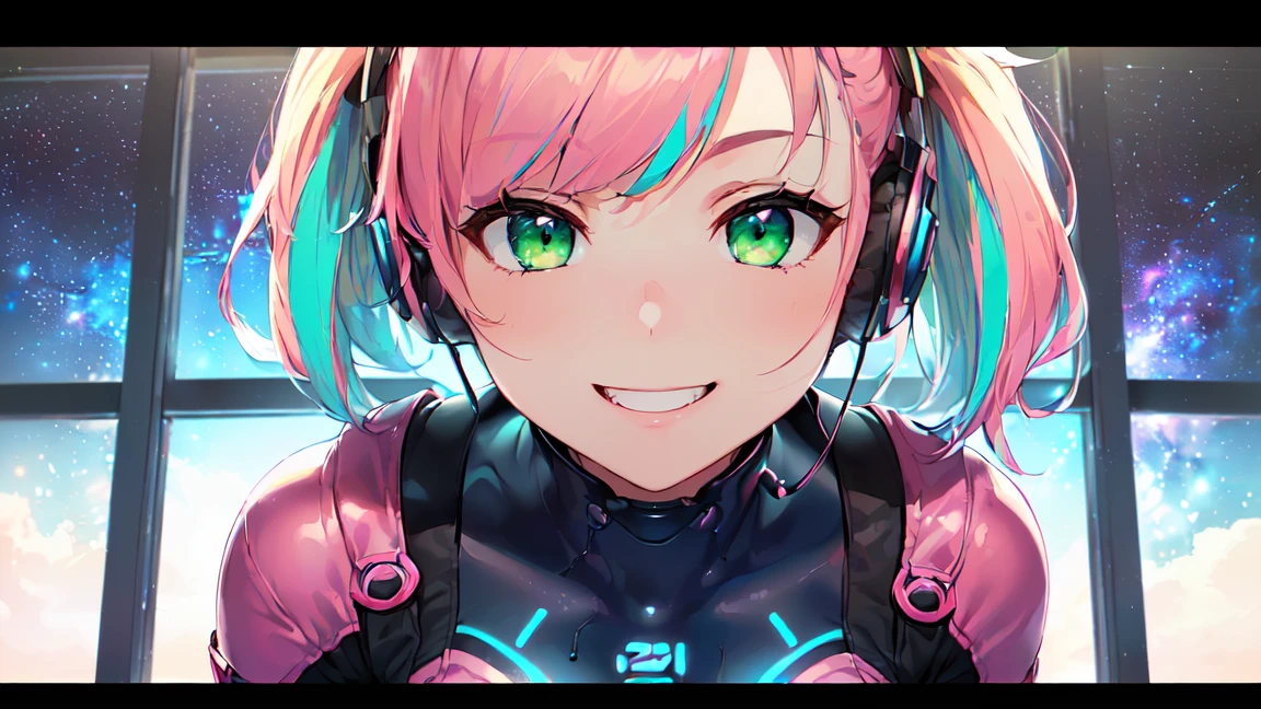 HD masterpiece, 1 girl, Ecchi Girls ((20 age old, dressed in a futuristic, engen Bodysuit, boots, medium breasts:1.2, multicolored pink hair, Twin ponytails, perfect model body:1.4, detailed green eyes:1.7, to flirt, Happy, big smile, Wear headphones, inspired by Yuumei, Viewers look at, portrait:1.2, extreme close-up:1.3, standing in a spaceship hangar:1.2, extreme close-up:1.3, Window with a galaxy in the background:1.3, fun and exciting atmosphere:1.2)) ((alone:1.8)) ((galaxy and stars)) ((Close-up with focus on face))