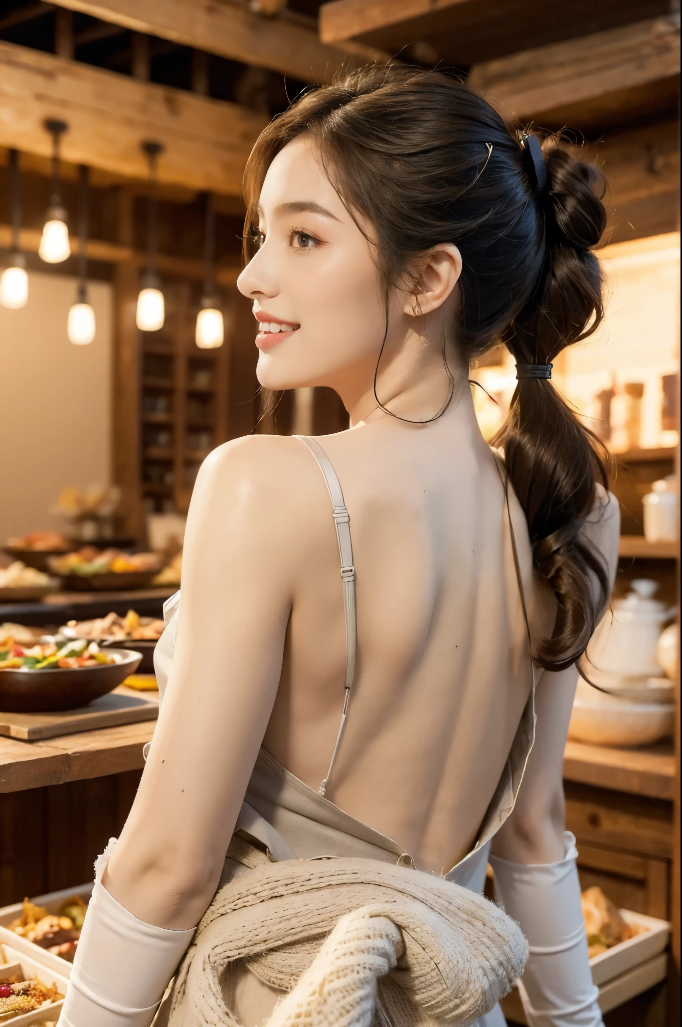 (((best quality))),(((ultra detailed))),(((masterpiece))),illustration,((1 beautiful young girl,solo)),((slim,thin)),((bare back,towering hips,butt crack)),(short ponytail:1.2),(laughing:1.2),stunning, radiant complexion, mesmerizing eyes,((sheer apron,bare arms,bare shoulder)),((gloves:1.3)),frilly, domesticity, playfulness, colorful patches, vegetables, cooking utensils, whimsical,delicate features, gentle smile, perfectly aligned teeth, contentment, warmth, friendliness, vibrant atmosphere, bustling,barbecue restaurant, wooden panels, hanging plants, cozy, earthy feel, scent of sizzling meats, spices, patrons, tables, meals, laughter, lively ambiance, gleaming wooden counter, checkout counter, assortment of bills, receipts, cash register, calm, collected, typing, precision, simplicity, joy, hard work, hospitality, culinary delights,((from back,upper body))