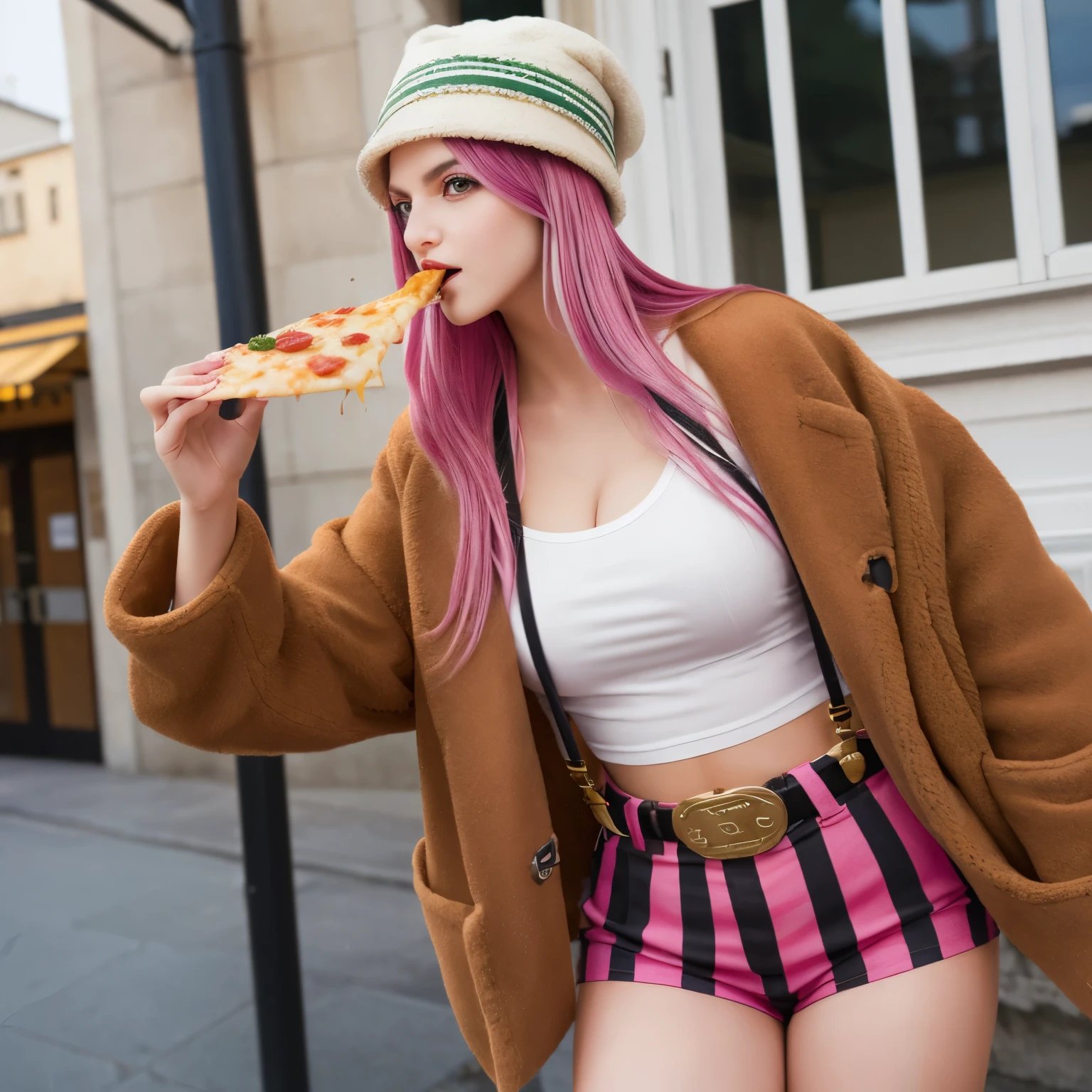 masterpiece, top quality, bny1, 1 woman, alone, purple eyes, pink hair, long hair, green hat, vertical striped shorts, suspenders, white tank top, open jacket, belt, assembled, eating, holding pizza, midriff, outdoors, view