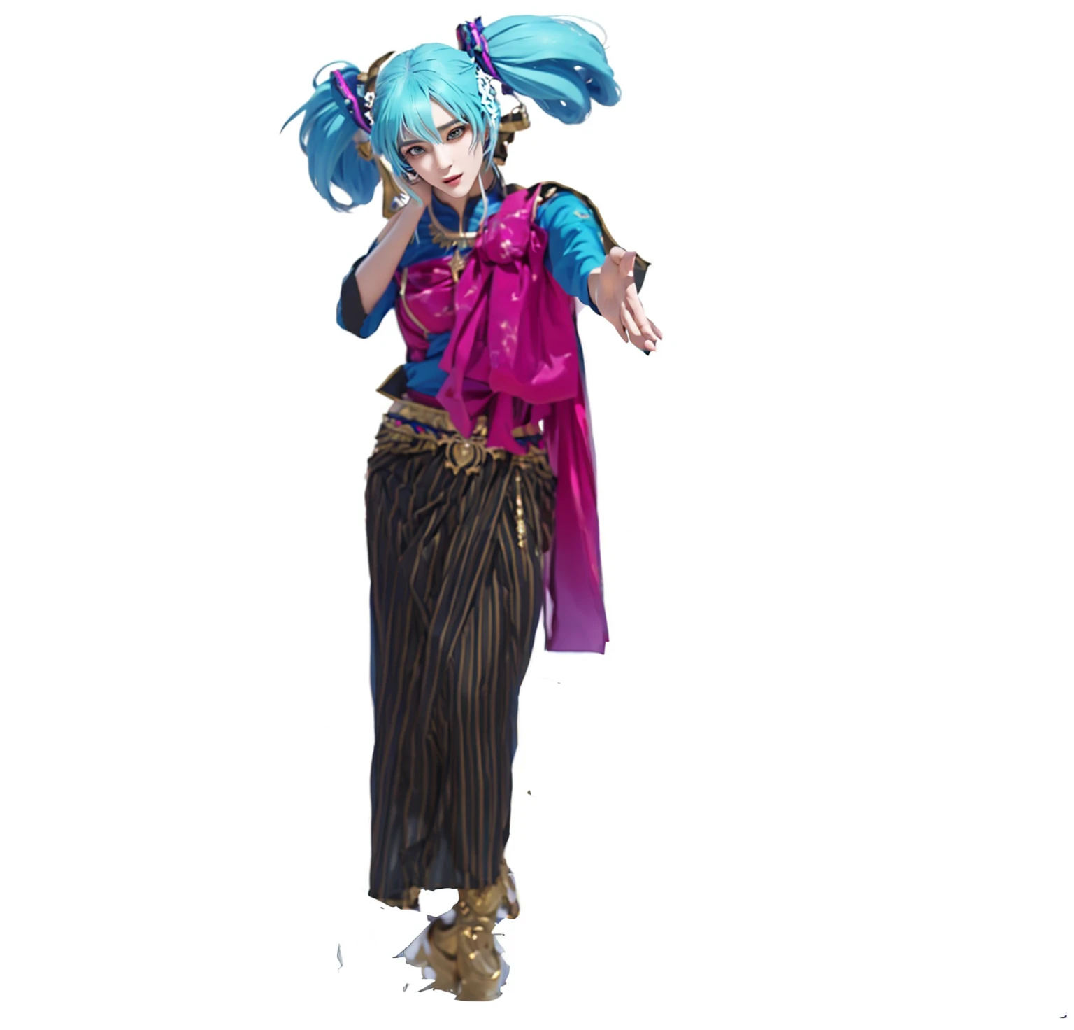 ((Masterpiece)), (best quality), (very detailed), ((very detailed)), 4k, (8k),1 girl,Hatsune Miku,  there is a woman in a costume that is standing up, tai costume, beautiful genie girl, miku, jinx from arcane, , hatsune miku cosplay, jinx from league of legends, high quality costume, inka harpy girl, high quality theatre costume, maya ali as a wind sorcerer, hatsune miku, anime cosplay, costume