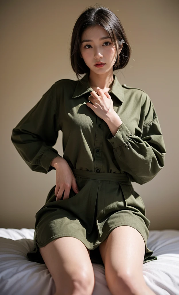 8K, best quality, Extremely detailed:1.37), A beautiful 18 year old Korean girl, Wearing the uniform with pride, Representing her role as a soldier. She was wearing a fitted olive green dress. High-resolution images capture ultra-detailed realism,s determined expression, Sharp eyes, and a confident attitude. The background shows a tent military base, Adds authenticity and meaning to the image. This visually striking representation showcases 艾莉安娜's strength and dedication as a soldier.