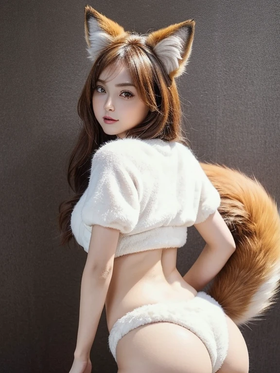 ((Highest quality)), ((masterpiece)), (Familiar), Perfect Face, fox lady, Pretty girl, Fox Ears, Fox tail, She has a northern fox tail, She wags her fluffy tail, fur collar, Beautiful hip line, Big , Thick thighs, A large tail grows out of the buttocks, Nice body, Shyly, Only one tail, troubled face