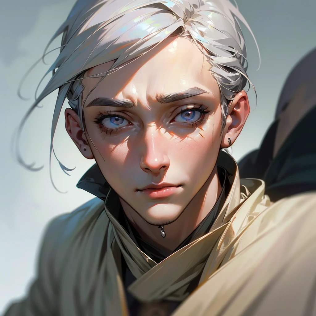A man with silver hair and amber eyes, holding a small scalpel in his hands while wearing a worn medical coat, (1boy,detailed facial features,beautiful detailed eyes,beautiful detailed lips,extremely detailed eyes and face,longeyelashes),intricate medical equipment,detailed medical tools,moody dramatic lighting,cinematic composition,vibrant colors,elegant posing,dynamic action pose,One Piece style,(best quality,4k,8k,highres,masterpiece:1.2),ultra-detailed,(realistic,photorealistic,photo-realistic:1.37)