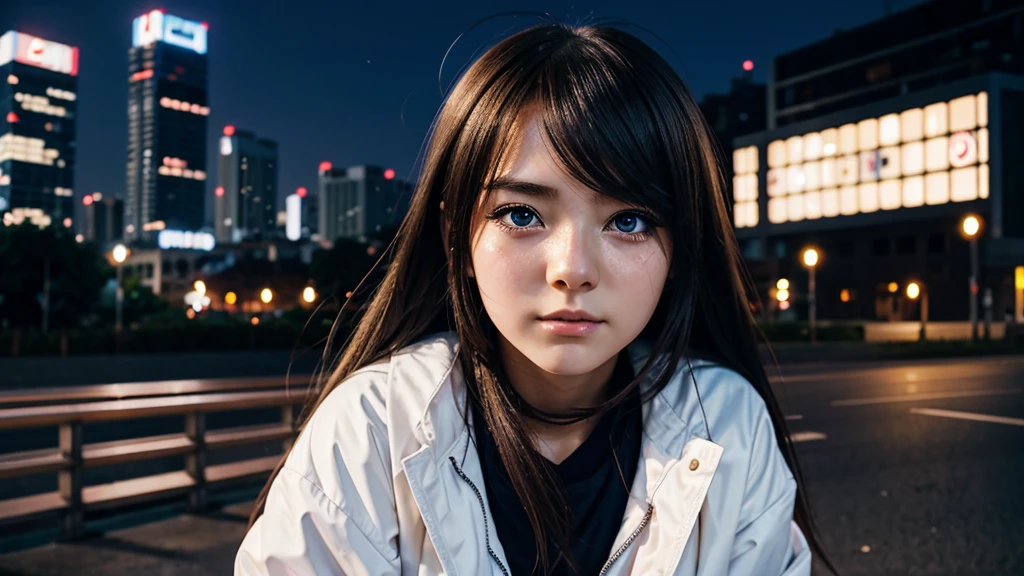 young anime girl 20 years old. Alone. beautiful face, sad expression, teary eyes, It sleets, city background.
