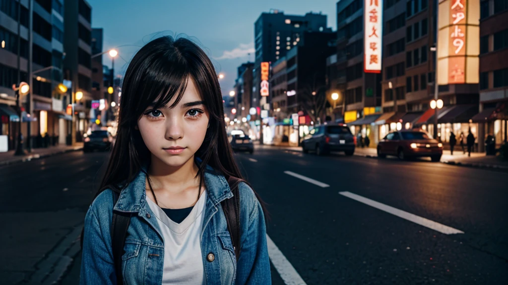young anime girl 20 years old. Alone. beautiful face, sad expression, teary eyes, It sleets, city background.
