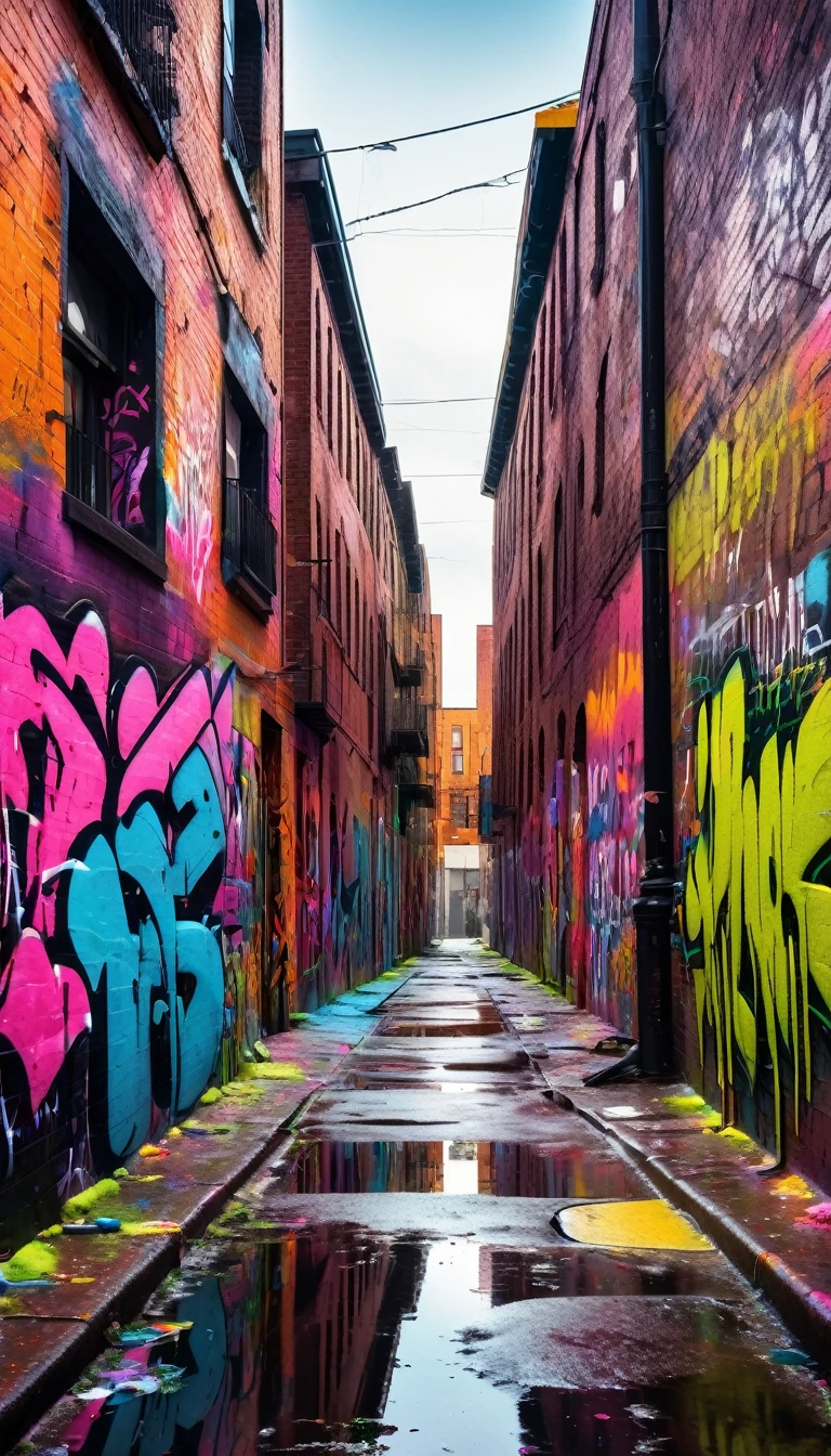 a graffiti covered urban street, abstract graffiti art, vibrant urban landscape, street art, urban decay, gritty cityscape, moody lighting, high contrast, dynamic composition, neon colors, raw and edgy, grungy textures, weathered walls, dynamic movement, dripping paint, spray painted lettering, bold patterns, chaotic energy, vivid colors, (best quality,4k,8k,highres,masterpiece:1.2),ultra-detailed,(realistic,photorealistic,photo-realistic:1.37)