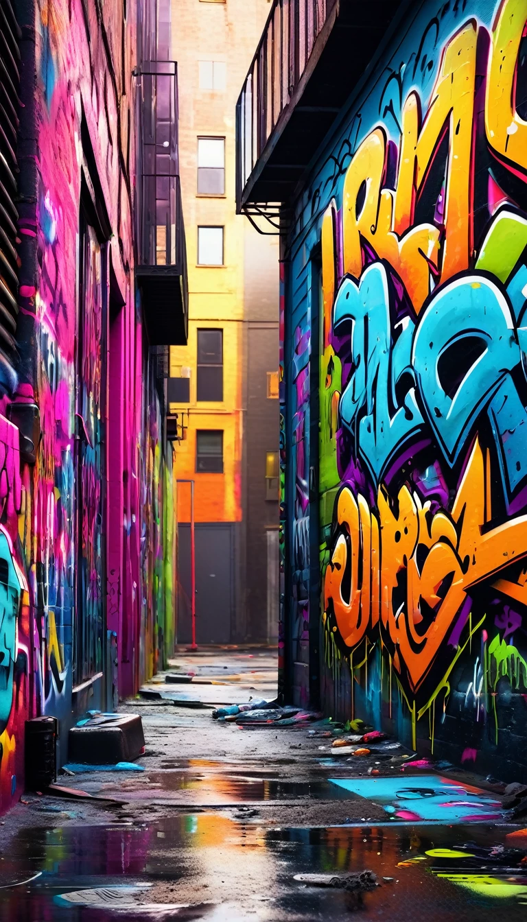 a graffiti covered urban street, abstract graffiti art, vibrant urban landscape, street art, urban decay, gritty cityscape, moody lighting, high contrast, dynamic composition, neon colors, raw and edgy, grungy textures, weathered walls, dynamic movement, dripping paint, spray painted lettering, bold patterns, chaotic energy, vivid colors, (best quality,4k,8k,highres,masterpiece:1.2),ultra-detailed,(realistic,photorealistic,photo-realistic:1.37)