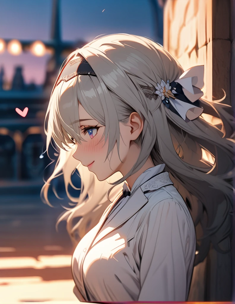 beautiful girl, long grey hair, beautiful face,smiling,close up to hips, beautiful breast, illustration,detailed textures(realists),ultra-detailed,portrait style,vivid colors,soft lighting, blushing, mature, hair fluttering, evening light , head band, ((half body)), wearing simple shirts , perky. ((side profile until hips)), very shy, Couple, wedding style, Wedding dress, White Tuxedo, love confession, heart, pink, magic, kissing,