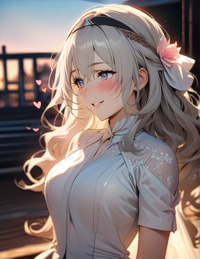 beautiful girl, long grey hair, beautiful face,smiling,close up to hips, beautiful breast, illustration,detailed textures(realists),ultra-detailed,portrait style,vivid colors,soft lighting, blushing, mature, hair fluttering, evening light , head band, ((half body)), wearing simple shirts , perky. ((side profile until hips)), very shy, Couple, wedding style, Wedding dress, White Tuxedo, love confession, heart, pink, magic, kissing,