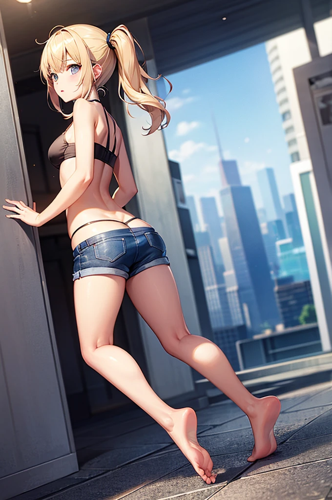 girl,Young,、ager、(masterpiece,Highest quality),Street,Dark skin,(Brown Skin)、Completely naked,Bare shoulders、Gal、Blonde、passionate、Medium ponytail、(Underboob),Big Breasts,Cleavage,(stomach),Black mini tube top、looking at the camera、barefoot、Very short denim shorts,(Ultra Micro Shorts),Strong winds、No underwear、The skirt is blown up by the wind、solo、Are standing、barefoot、City