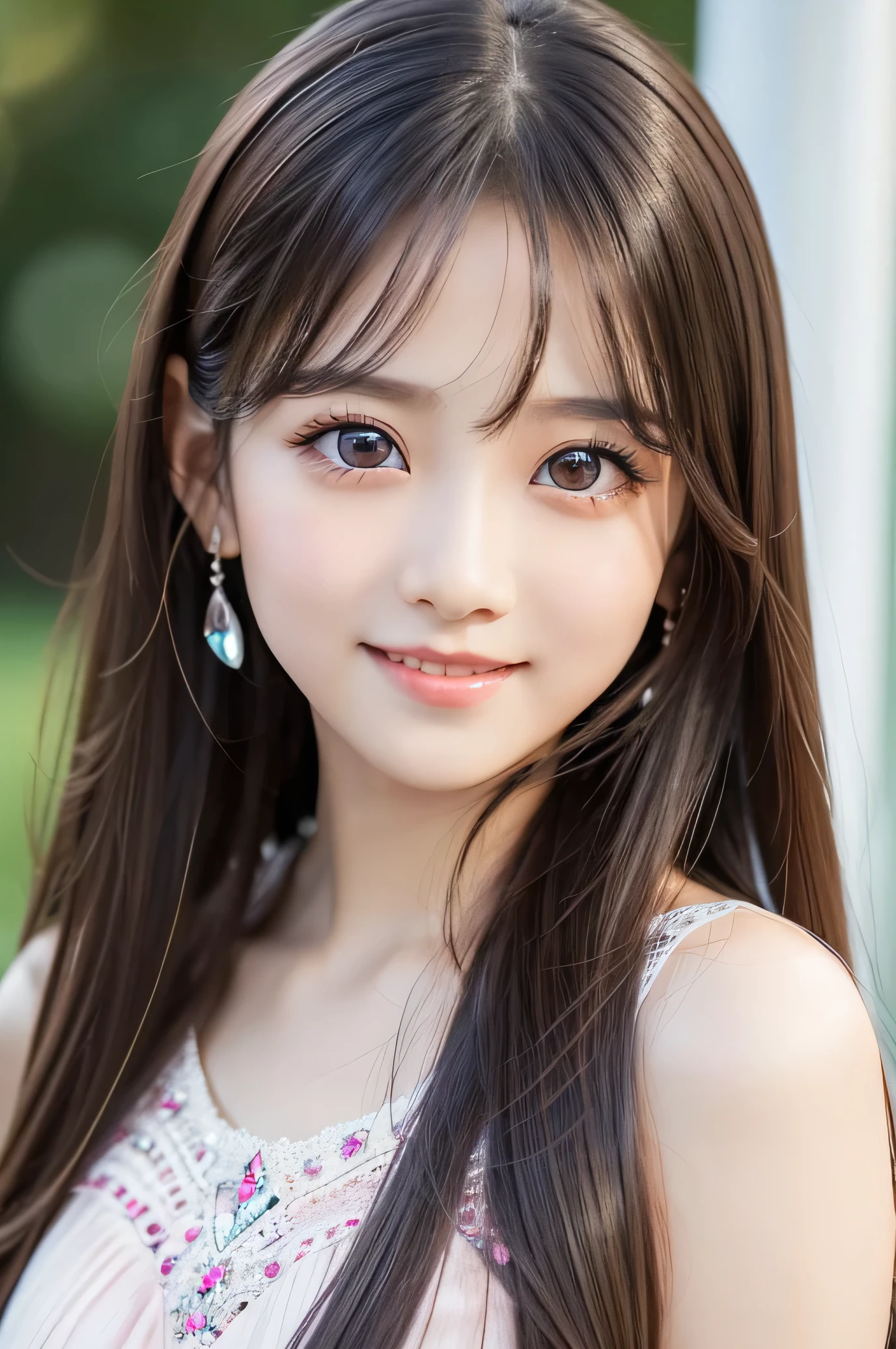 (Very beautiful cute girl), (very cute face:1.2),11 yo, (sparking crystal clear attractive large eyes), best looks, Beautiful detailed eyes, Detailed double eyelids, (smiling), (realistic photograph:1.2), long straight hair
