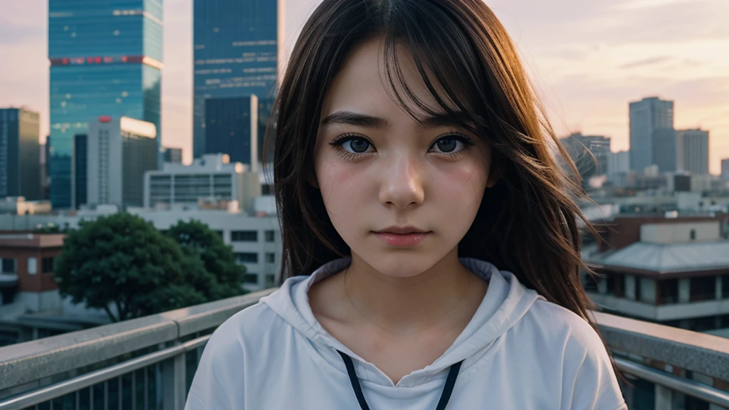 young anime girl 20 years old. Alone. beautiful face, sad expression, teary eyes, It sleets, city background.