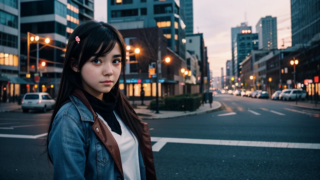 young anime girl 20 years old. Alone. beautiful face, sad expression, teary eyes, It sleets, city background.