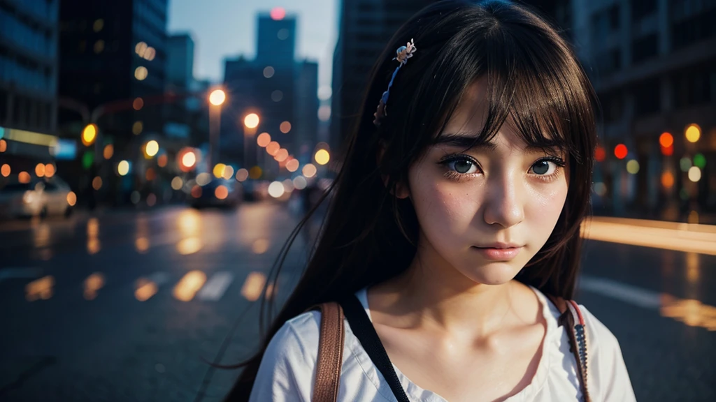 young anime girl 20 years old. Alone. beautiful face, sad expression, teary eyes, It sleets, city background.