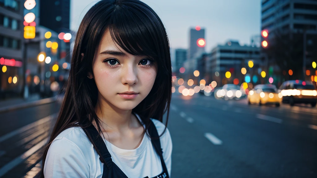 young anime girl 20 years old. Alone. beautiful face, sad expression, teary eyes, It sleets, city background.