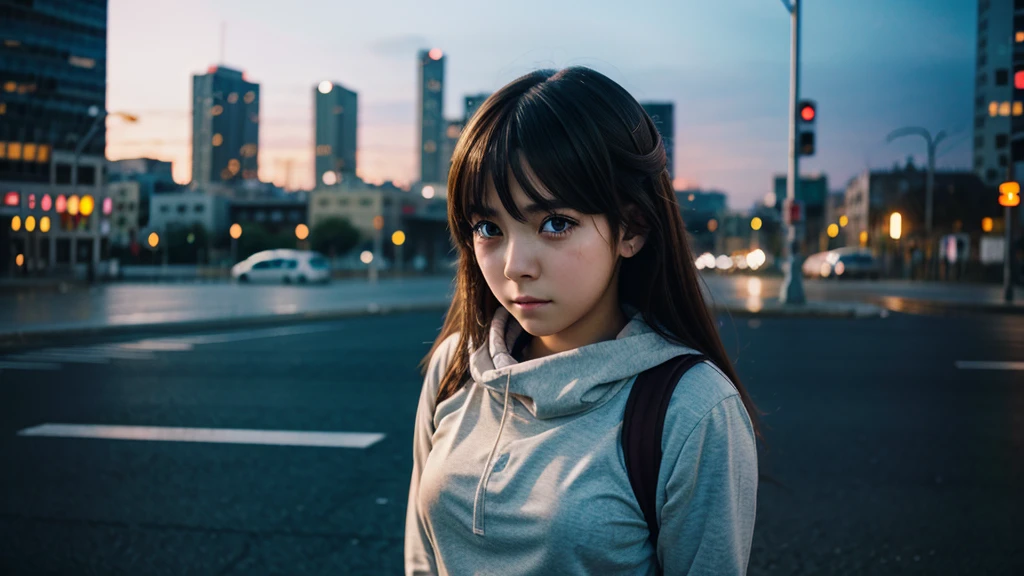 young anime girl 20 years old. Alone. beautiful face, sad expression, teary eyes, It sleets, city background.
