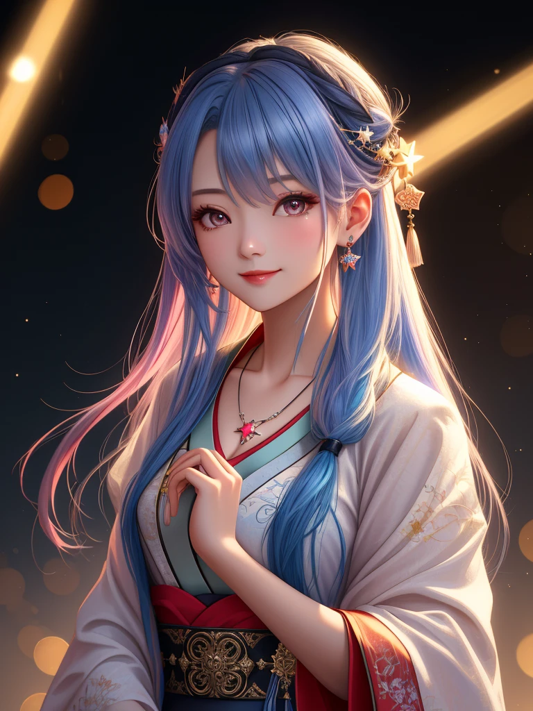 best quality, masterpiece, high resolution, 1 Girl,flirtatious,Seven colored hair,(Charming smile:0.8),Star-shaped pupil,china hanfu,Hair accessories,necklace, Jewelry,Pretty Face,Above_Body, Tyndall effect,Reality, Dark Studio, Rim Light, Two-tone lighting,(High Detail Skin:1.2), 8K uhd, Digital SLR Camera, Soft lighting, high quality, Volumetric Lighting, frank, photo, high resolution, 4K, 8K, Bokeh