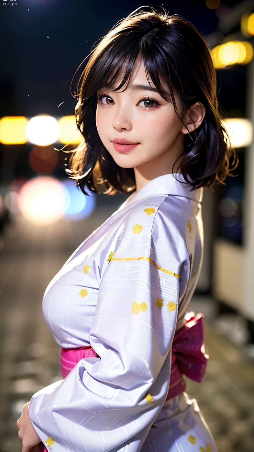 (masterpiece、high resolution、high quality)、Japanese beautiful girl:1.3,15-year-old junior high school student、Model Body Type、Beautiful body、Japanese Yukata、Soaring、night、Laughter、Clear Eyes、Beautiful Skin、Yukata beauty、Hydrangea pattern yukata、Her breasts are exposed from her yukata、Very small breasts、Small breasts、Small cherry-colored areola、Erect nipples、Cool Summer、nightの夏祭り、Fireworks display、Professional Photography、