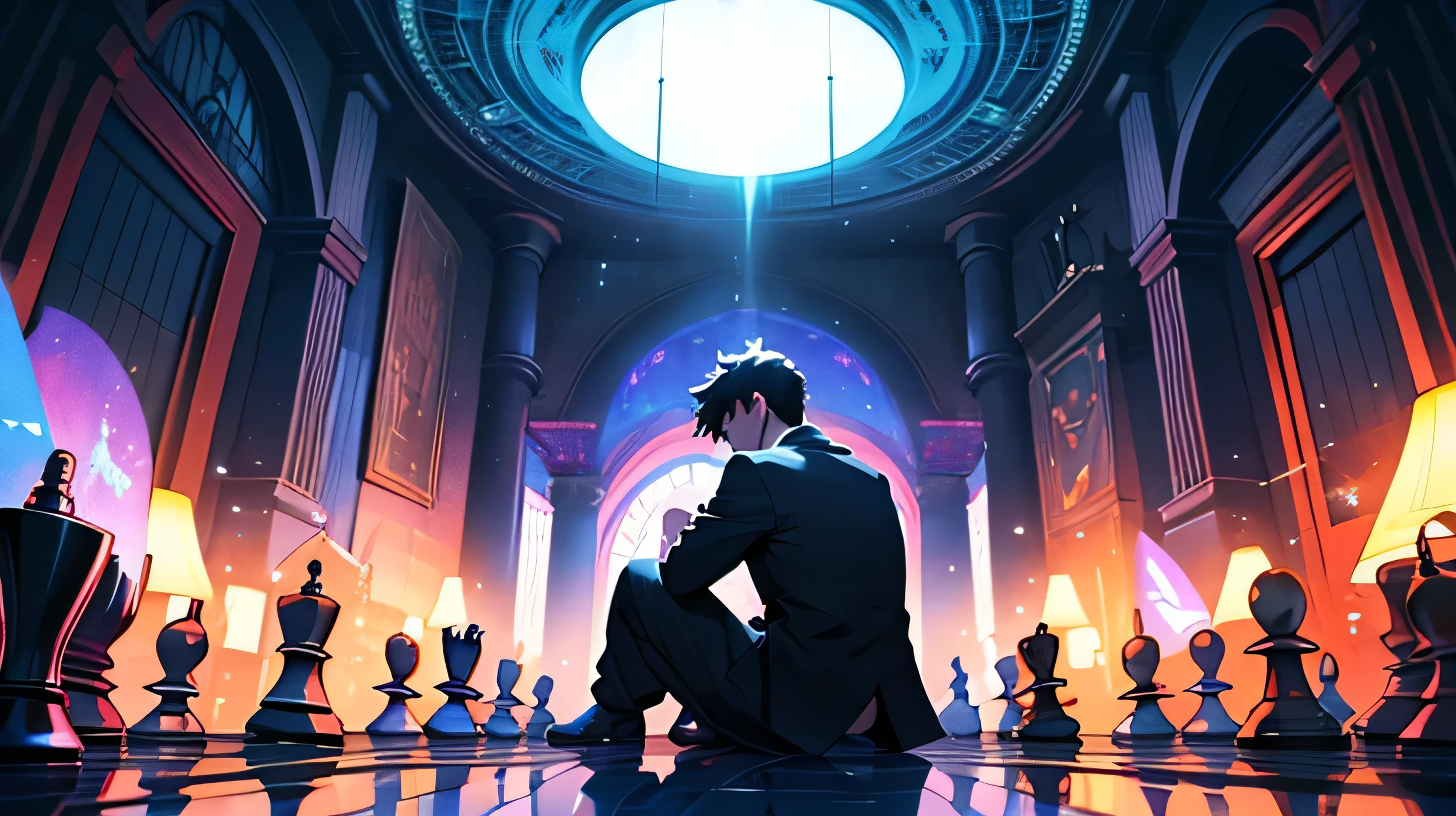 here is a detailed prompt for a YouTube thumbnail image themed “Playing Chess with the Emotional Shadow”:

The thumbnail image is、Designed to express emotional duality and inner conflict。. The setting is a parallel dimension, Perhaps it represents the world of dreams., With vibrant and surreal colors.

In the center of the image, There is a man sitting at a chess table. he&#39;Playing chess with myself, He had a look of determination and remorse on his face.. Men are bright, Vibrant colors, Symbolizes your positive qualities and self-improvement.

In front of him, There are negatives, The dark version of your emotional shadow. This shadow looks distorted and dark, Represents the most negative and dark side of your emotions. The shadow sits in front of the man, Also plays chess, With a defiant and hostile look.

The chessboard is situated between the man and his emotional shadow., Split symmetrically. The board features contrasting colors and sharp lines., Emphasizing dualism and conflict between the two.

The surrounding landscape can become a surreal parallel dimension, With dreamy elements like floating clouds, Twinkling stars and magical landscapes. The colors vary between vibrant and contrasting tones, Electric Blue, Deep purple and deep orange, Exudes mystery and charm.

At the top of the image, Easy-to-see, easy-to-read text, The title may be relevant to the topic being addressed., 「Playing Chess with the Shadow of Emotions」: Face the demons within yourself. Under the title, There may be a call-out phrase that emphasizes the journey of self-transformation and self-awareness..

This image is、The duality of emotions、Dealing with the negative aspects of emotions、It is designed to communicate the importance of integrating。.. Visual elements emphasize self-reflection, Inner conflict and emotional growth