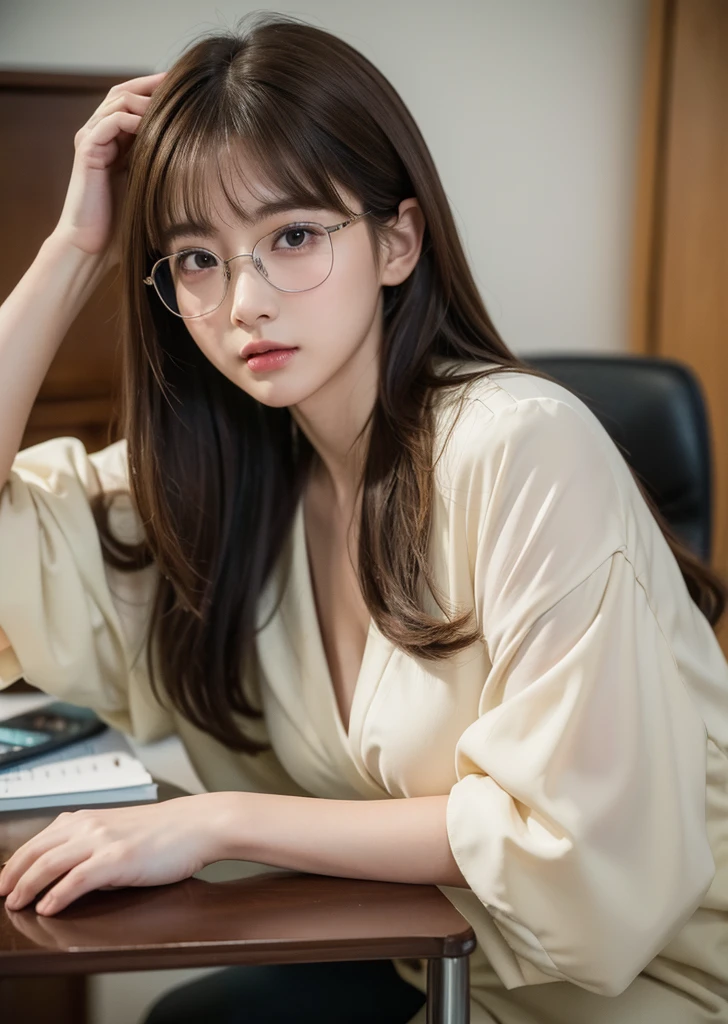 (Realisticな, photo-Realisticな:1.37),(8K, RAW Photos, 最high quality, masterpiece:1.2), Ultra-detailed, 超High resolution, Kodak Vision Color, Filmed with an Arricam LT camera,最high quality, Lively, 8K, High resolution, 1 female, Japanese、Escape, (Professional Lighting), (Portraiture:0.6), Has bangs、Brown Hair, (Medium Hair),23 years old、(masterpiece), (Very complicated:1.3), (Realistic),high quality,High resolution,16K,Sharp Lines,One girl,office、Glasses、Company uniform、I'm working、office街、With documents、President's Secretary、Glassesをかけて、smile、都会のoffice、building、conference room、presentation、officeチェアに座って、Wearing a suit、Tight Skirt、White blouse、