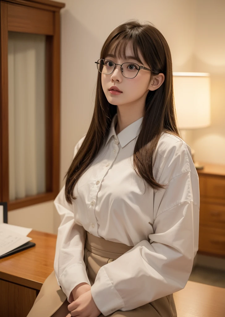 (Realisticな, photo-Realisticな:1.37),(8K, RAW Photos, 最high quality, masterpiece:1.2), Ultra-detailed, 超High resolution, Kodak Vision Color, Filmed with an Arricam LT camera,最high quality, Lively, 8K, High resolution, 1 female, Japanese、Escape, (Professional Lighting), (Portraiture:0.6), Has bangs、Brown Hair, (Medium Hair),23 years old、(masterpiece), (Very complicated:1.3), (Realistic),high quality,High resolution,16K,Sharp Lines,One girl,office、Glasses、Company uniform、I'm working、office街、With documents、President's Secretary、Glassesをかけて、smile、都会のoffice、building、conference room、presentation、officeチェアに座って、Wearing a suit、Tight Skirt、White blouse、