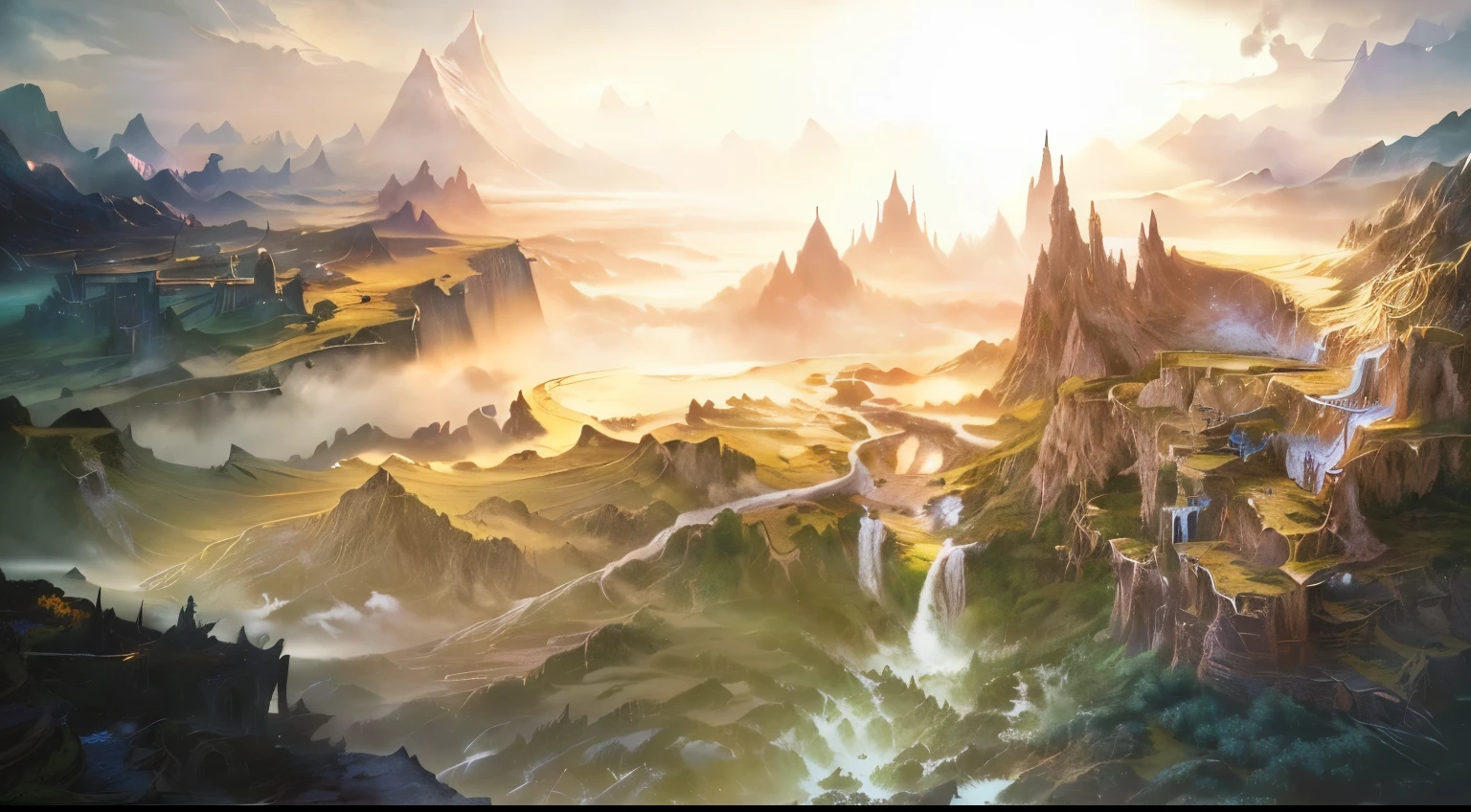 there is a painting of a fantasy landscape with a waterfall, final fantasy vll world concept, medieval fantasy landscape, epic fantasy landscape, high fantasy landscape, concept art. epic landscape, impressive fantasy landscape, high fantasy matte painting, fantasy world concept, dota matte painting concept art, middle earth landscape, dota! matte painting concept art, matte painting in fantasy style