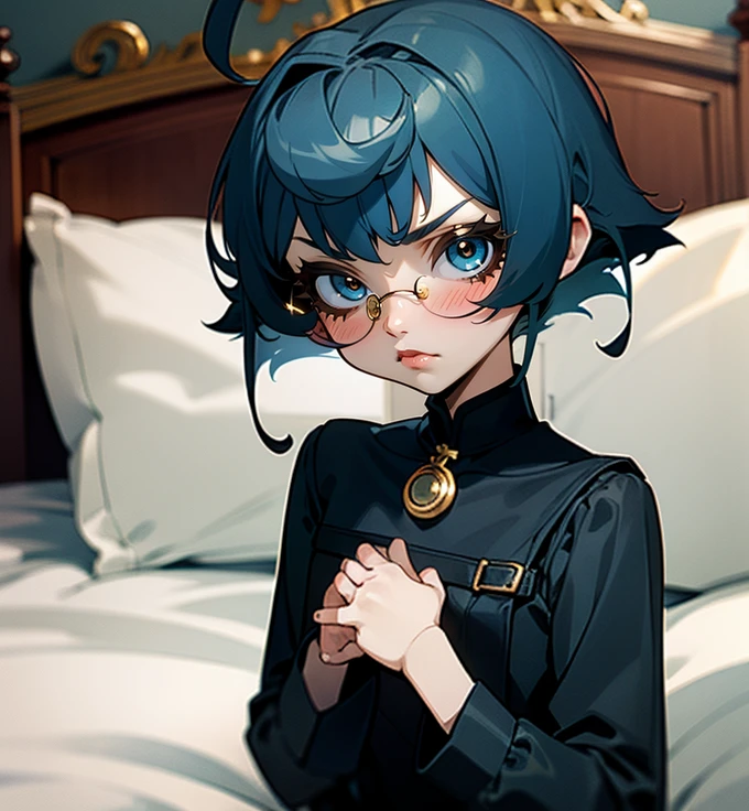 young girl, young girl with  short hair, light blue hair stroke, glasses, golden eyes, young girl on bed, wearing a black pajama, frown, blush, lying on bed, holding chest, solo girl, dark blue hair, wavy short hair, tousled hair, solo girl, girl focus, 1girl, flat girl,