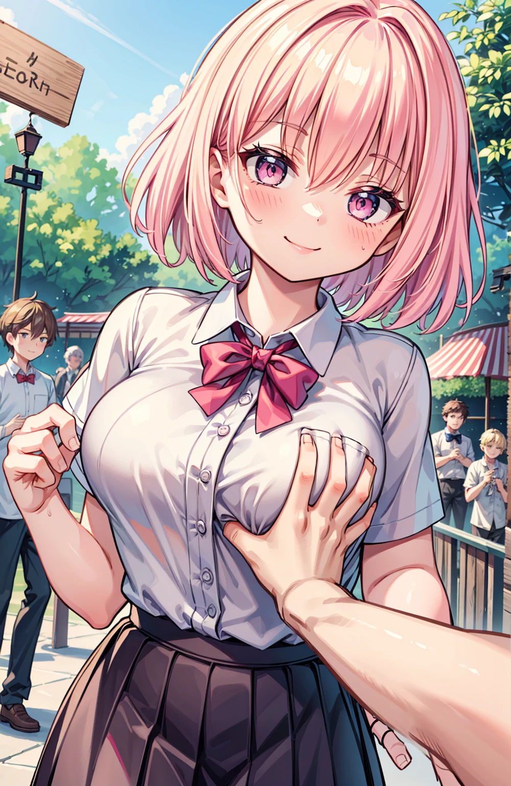 masterpiece, Highest quality, High resolution,(throw_hand grabbing chest),,One girl, One boy,Age difference,bow tie,Blonde,chest,Long Hair,Pink Hair,pleated skirt,Tucked in shirt,short hair,skirt,smile,Tent shirt,amusement_garden,breasts grab