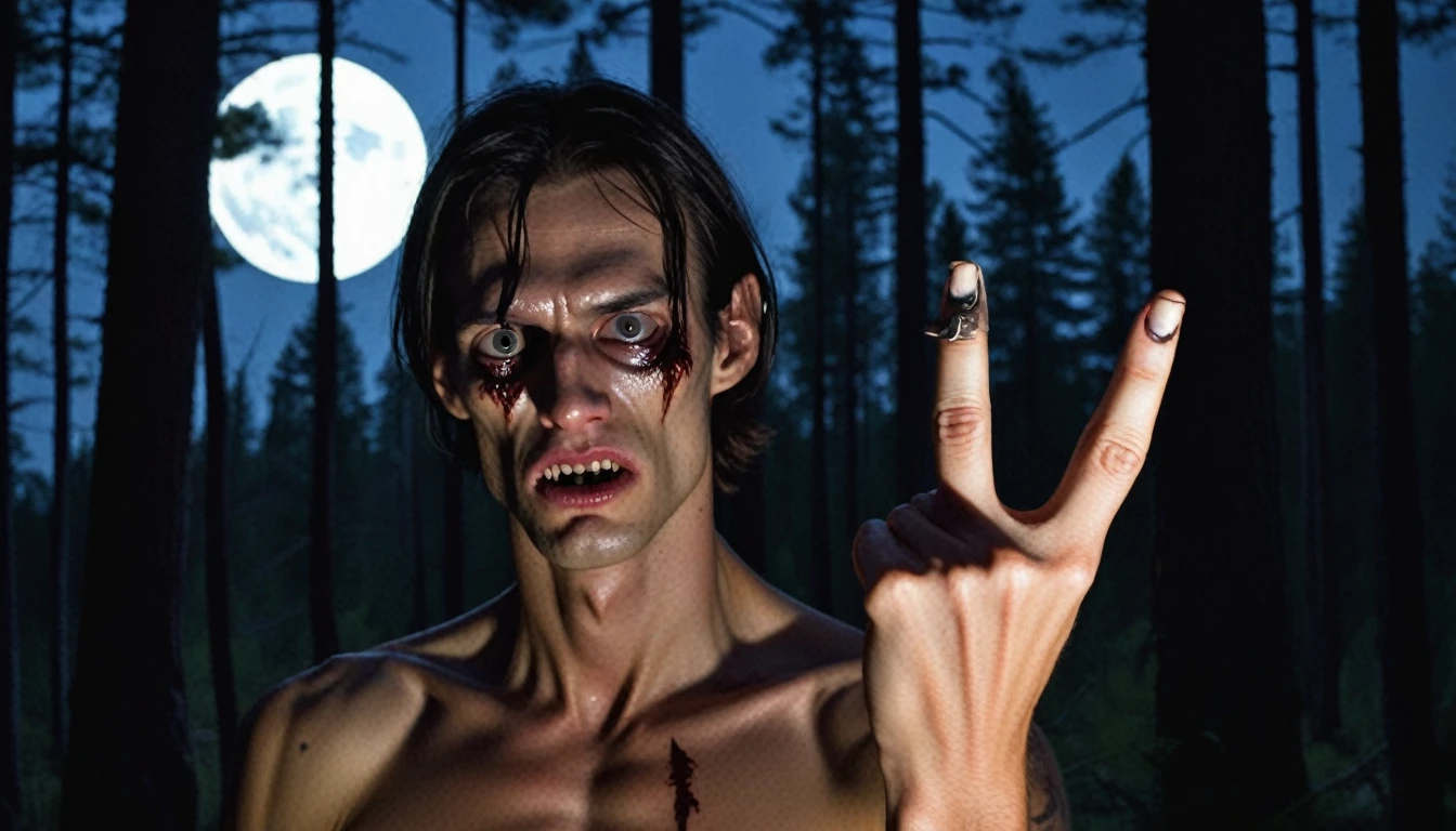 skinny man, grimdark, with glassy eyes, half of your face burned completely, the other half of the normal face without any deformity, long dark hair, middle finger with a large, grotesque nail curved like a sickle, scary environment in the middle of the forest in front of a cabin that is illuminated by the light of the full moon.