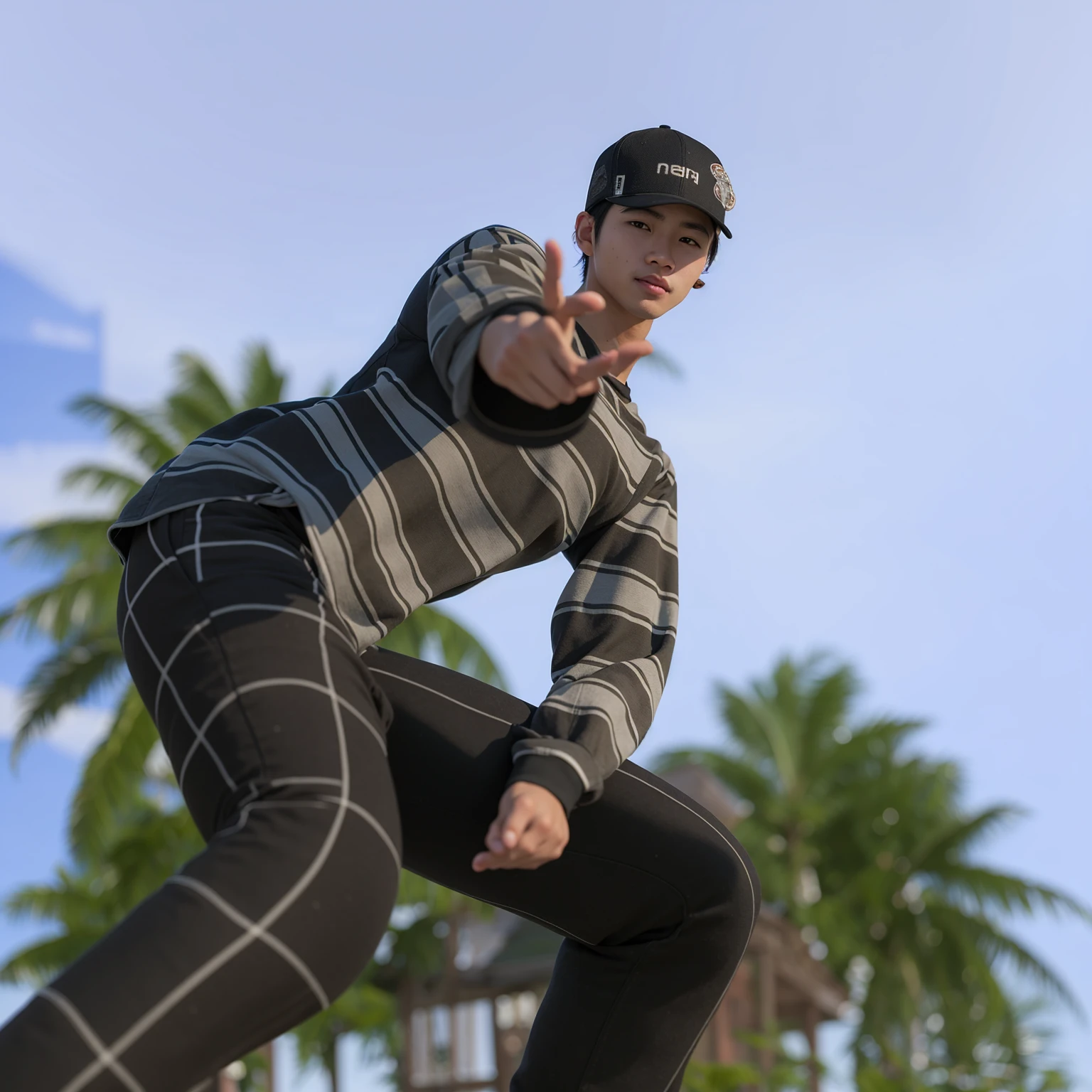 Asian boy, good lighting, smooth hair, glossy skin, blur background, high quality, 8k resolution, wearing cap
