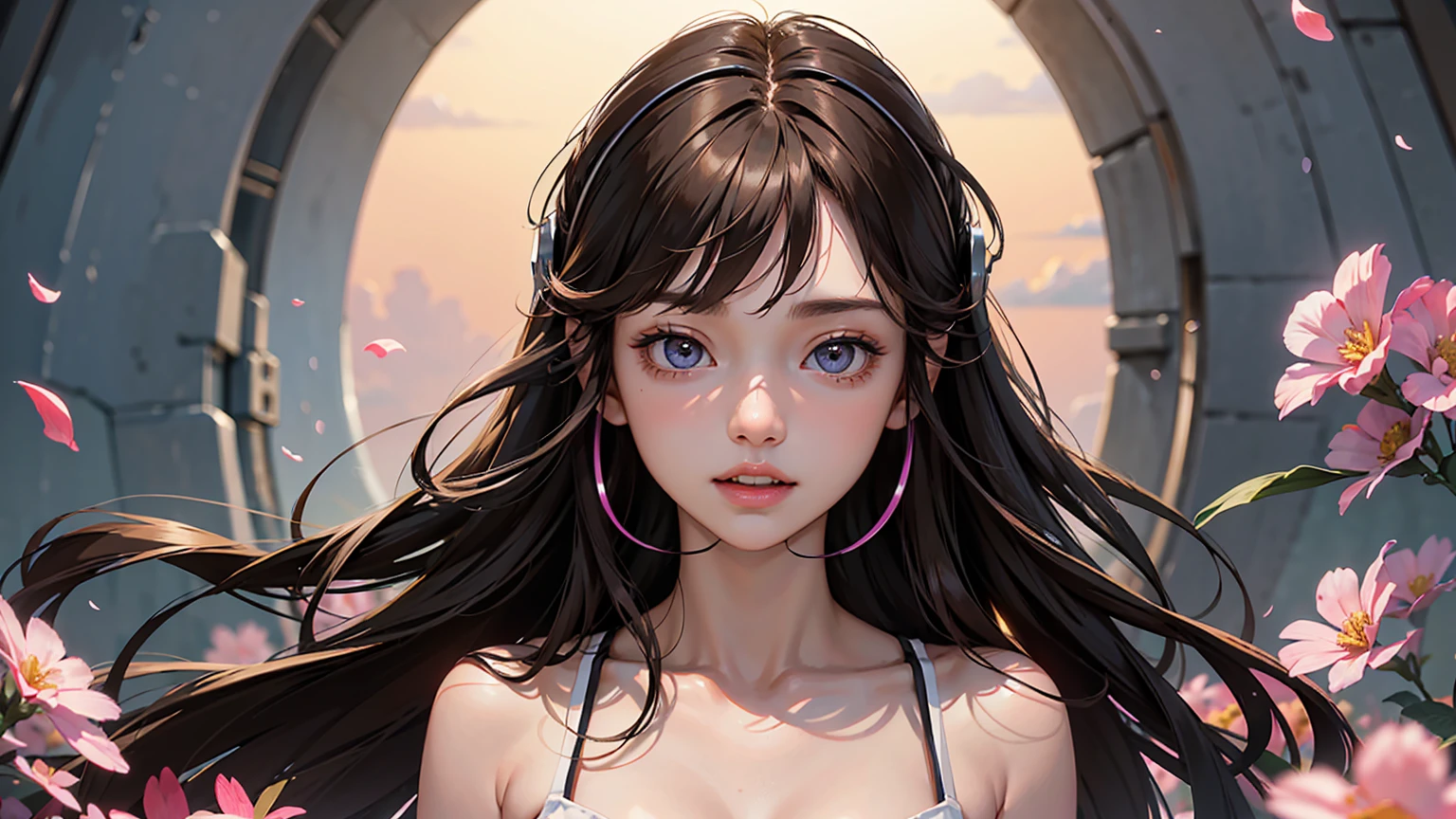 masterpiece、high resolution 8k、NSFW、sharp focus、contrast lighting、fine skin、muste piece、 highest quality、Ultra - High resolution、Super high resolution、Highly detailed CG、A young girl , wearing headphones, is standing among a field of pink flowers. The headphones have a black band and red accents. The girl's hair is swept back by the wind, and she is looking off to the side, away from the camera、beautiful eyes、(Detailed face and iace:1 2)、narrow eyes、almond eye、Black pupil、eye gradation eye highlight:1.2)、(light reddish brown hair、middle、asymmetrical bangs)、(plump lips、gross、glossy lips、small breast size) 、(oval face : 1.4)、(thin fingers、fine arms、detailed human hand)、laughter half open、teeth visible