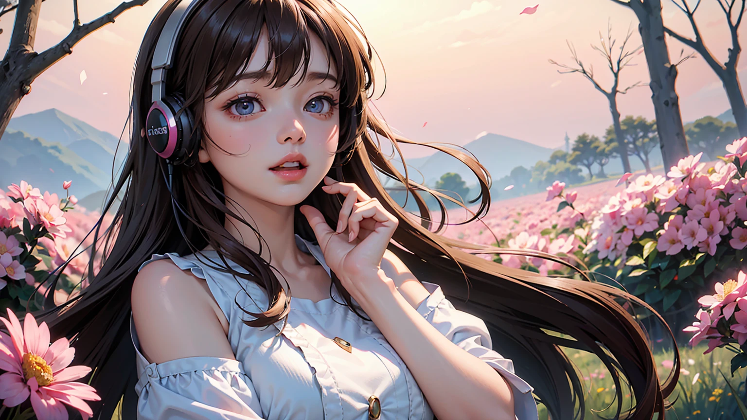 masterpiece、high resolution 8k、NSFW、sharp focus、contrast lighting、fine skin、muste piece、 highest quality、Ultra - High resolution、Super high resolution、Highly detailed CG、A young girl , wearing headphones, is standing among a field of pink flowers. The headphones have a black band and red accents. The girl's hair is swept back by the wind, and she is looking off to the side, away from the camera、beautiful eyes、(Detailed face and iace:1 2)、narrow eyes、almond eye、Black pupil、eye gradation eye highlight:1.2)、(light reddish brown hair、middle、asymmetrical bangs)、(plump lips、gross、glossy lips、small breast size) 、(oval face : 1.4)、(thin fingers、fine arms、detailed human hand)、laughter half open、teeth visible