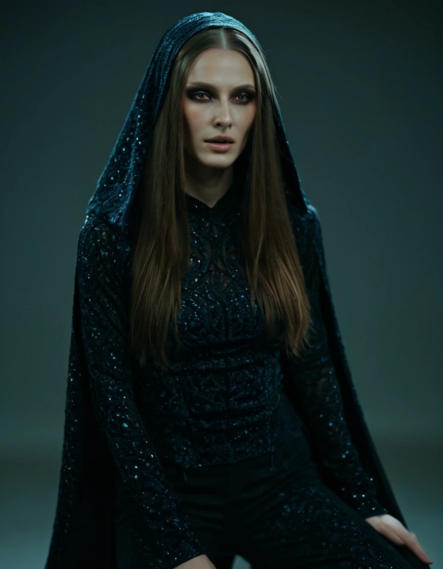 Fashionable of androgynous alien looking witch wearing veil, glowing eyes, beautiful evil slavic muscular woman, pale skin, long hair, futuristic design, minimal details, givenchy, photoreal, 200mm, hd, f/ 2.0, highly detailed, surreal, sitting, light smile, simple black stylish clothes, a slight smiledrop dead, in the style of red and blue, (intricate details, hyperdetailed:1.15) (skin texture:1.2), cinematic, professional, 4k, (((dynamic model pose))), sitting, full body, mesmerizing, dynamic, dramatic, sensual, dynamic pose, highly detailed skin with hair, subcutaneous veins, light and shadow play, highly detailed,24mm photograph, film, bokeh, professional, 4k,