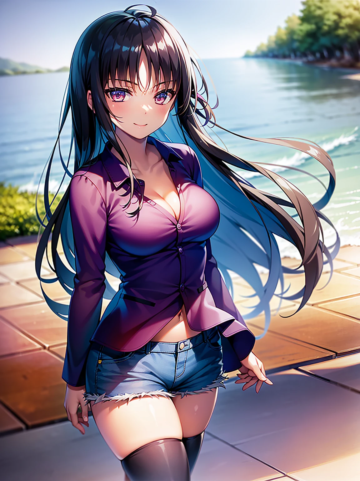 (8K, Highest quality, Highest quality, masterpiece), standing, 1girl, fullbody, solo, cowboy shot, aasuzune, long hair, black hair, hair loose in the wind, leafs in the air, (summer sky), casual shirt, mini top, black thighhighs, smile, (Hot Shorts, Denim), outdoors, large breasts, cleavage